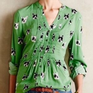 ANTHROPOLOGIE MAEVE Frenchie Bulldog Pintuck Green Top Blouse, Size 14 Damaged